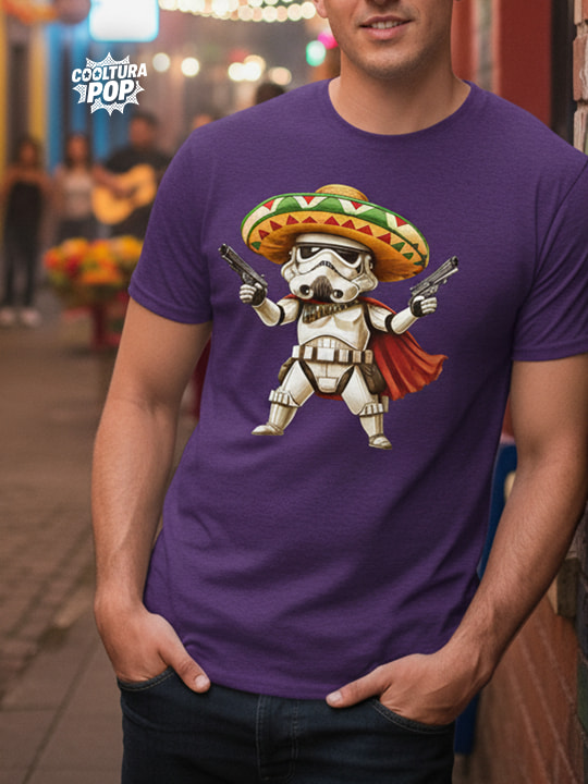Playera Gris o Morada con Diseño de "Stormtrooper Mexicano" – Inspiración Cultura Pop Mexicana